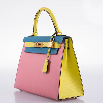 Hermes HSS Kelly 28 Sellier Tri-Color Rose Confetti, Lime & Blue Aztec Chevre with Brushed Gold Hardware - 2019, D