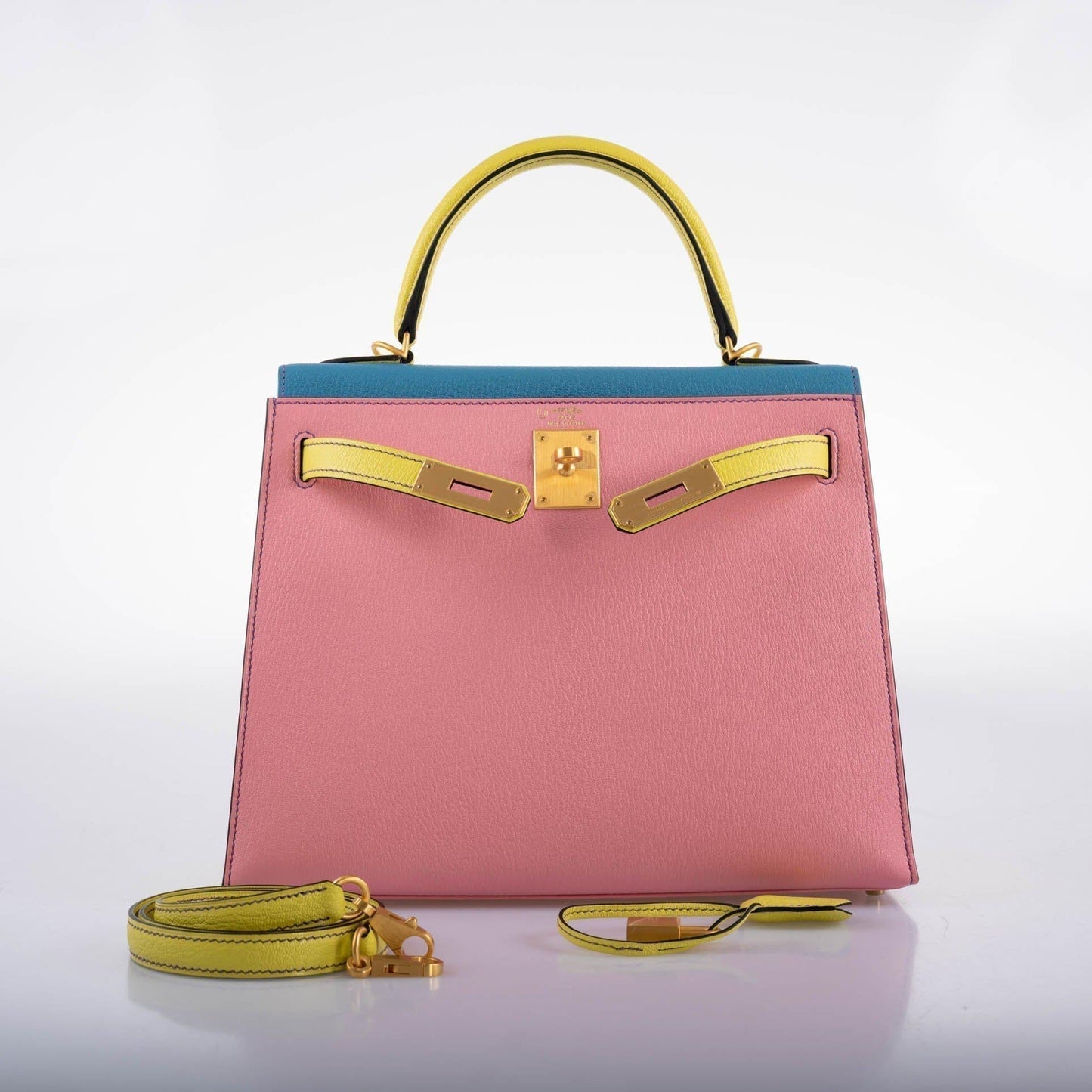 Hermes HSS Kelly 28 Sellier Tri-Color Rose Confetti, Lime & Blue Aztec Chevre with Brushed Gold Hardware - 2019, D