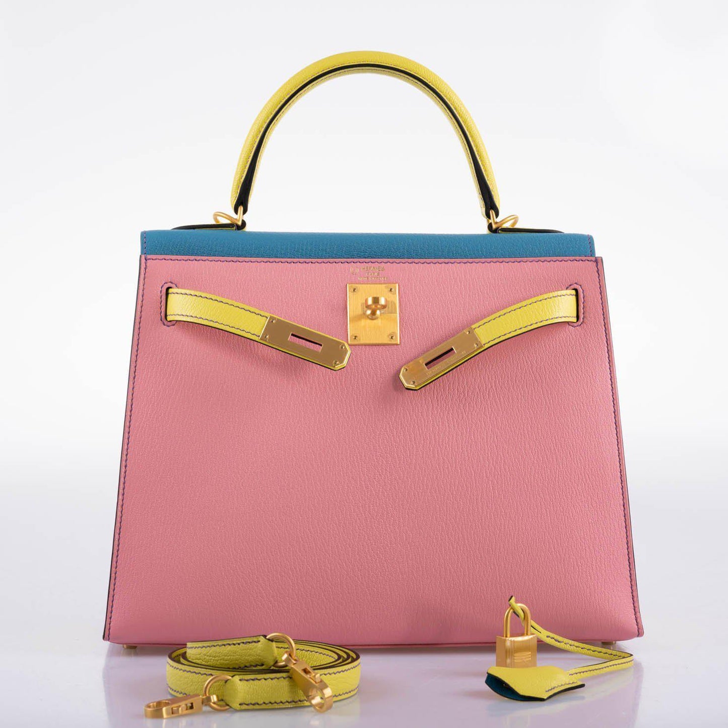 Hermes HSS Kelly 28 Sellier Tri-Color Rose Confetti, Lime & Blue Aztec Chevre with Brushed Gold Hardware - 2019, D