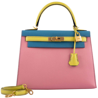 Hermes HSS Kelly 28 Sellier Tri-Color Rose Confetti, Lime & Blue Aztec Chevre with Brushed Gold Hardware - 2019, D