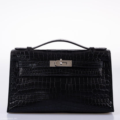 Hermes JPG Kelly Pochette Black Matte Niloticus Crocodile Palladium Hardware - Square L