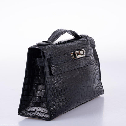 Hermes JPG Kelly Pochette Black Matte Niloticus Crocodile Palladium Hardware - Square L