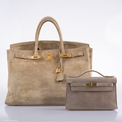 Hermes JPG Kelly Pochette Gris Pale Veau Doblis Suede Gold Hardware