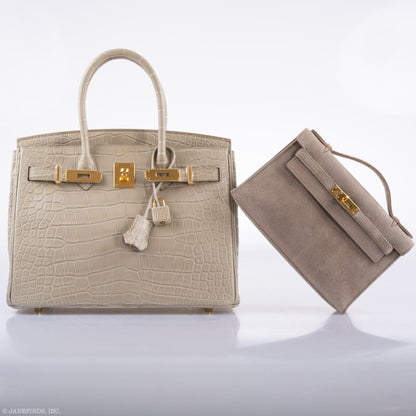 Hermes JPG Kelly Pochette Gris Pale Veau Doblis Suede Gold Hardware