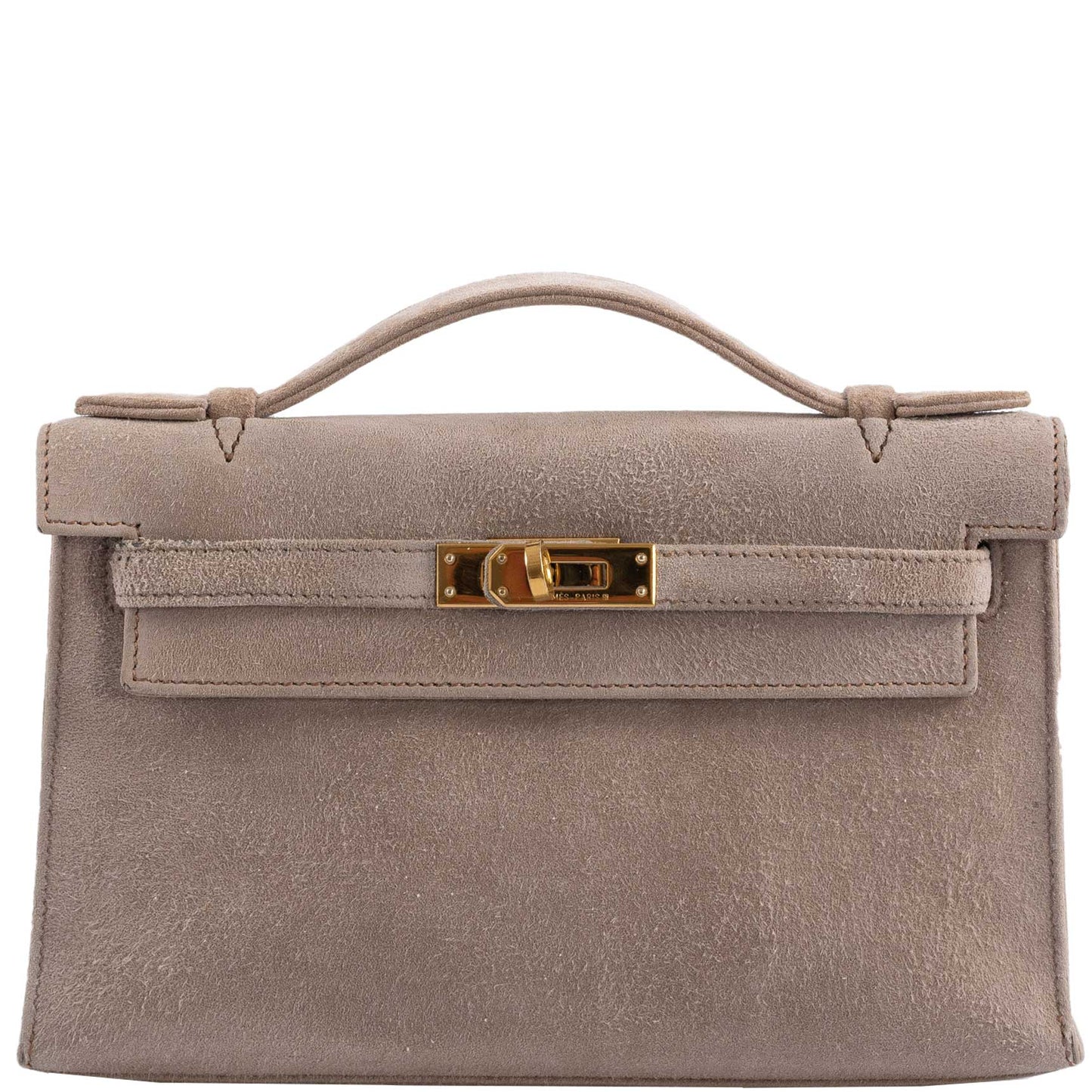 Hermes JPG Kelly Pochette Gris Pale Veau Doblis Suede Gold Hardware