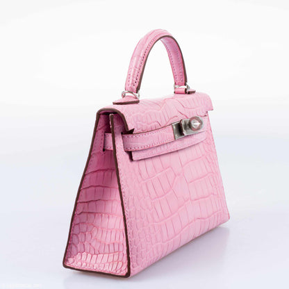 Hermes Kelly 20 Mini II Sellier 5P Bubblegum Matte Pink Alligator Palladium Hardware - 2019, D