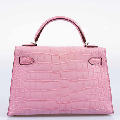 Hermes Kelly 20 Mini II Sellier 5P Bubblegum Matte Pink Alligator Palladium Hardware - 2019, D