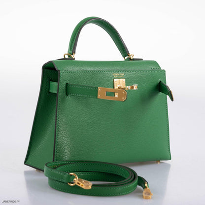 Hermes Kelly 20 Mini II Sellier Bambou Chevre with Gold Hardware - 2021, Z