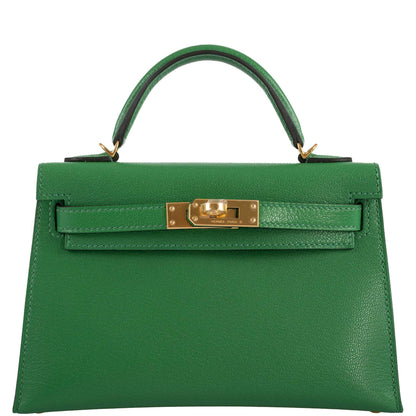 Hermes Kelly 20 Mini II Sellier Bambou Chevre with Gold Hardware - 2021, Z