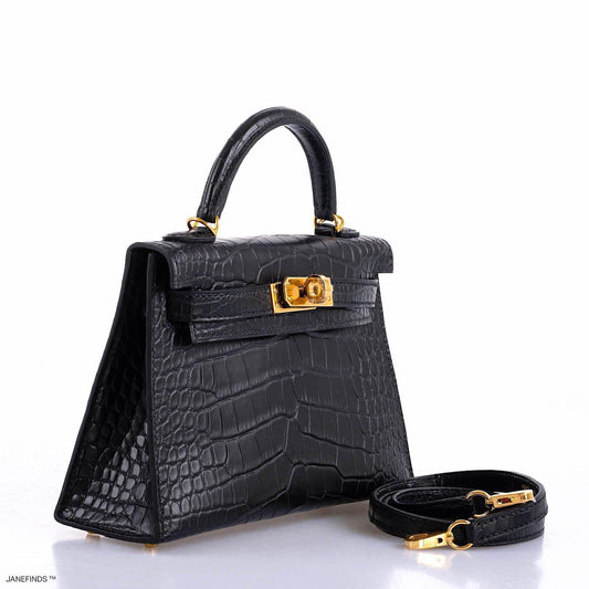 Hermes Kelly 20 Mini II Sellier Black Matte Alligator Gold Hardware - 2019, D