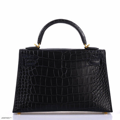 Hermes Kelly 20 Mini II Sellier Black Matte Alligator Gold Hardware - 2019, D