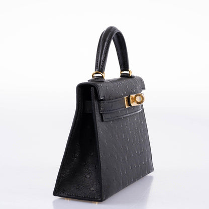 Hermes Kelly 20 Mini II Sellier Black Ostrich Gold Hardware - 2021, Z