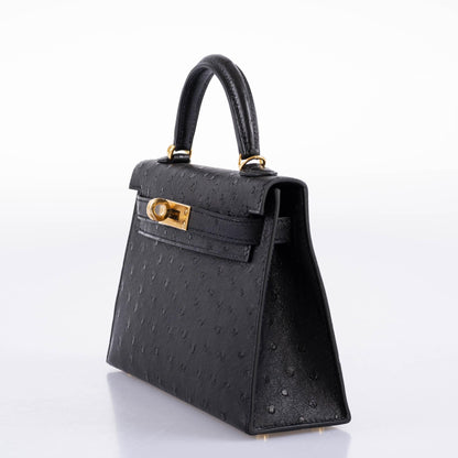 Hermes Kelly 20 Mini II Sellier Black Ostrich Gold Hardware - 2021, Z