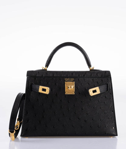 Hermes Kelly 20 Mini II Sellier Black Ostrich Gold Hardware - 2021, Z