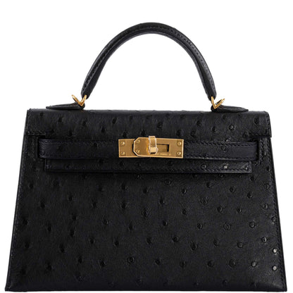 Hermes Kelly 20 Mini II Sellier Black Ostrich Gold Hardware - 2021, Z