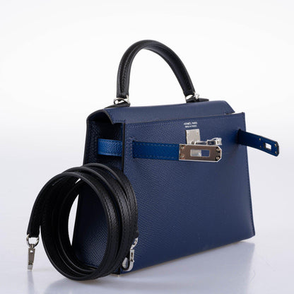 Hermes Kelly 20 Mini II Sellier Bleu Sapphire, Bleu France, Noire Epsom Palladium Hardware- 2021, Z