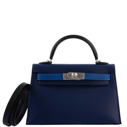 Hermes Kelly 20 Mini II Sellier Bleu Sapphire, Bleu France, Noire Epsom Palladium Hardware- 2021, Z