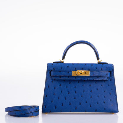 Hermes Kelly 20 Mini II Sellier Blue Sapphire Ostrich Gold Hardware - 2018, C