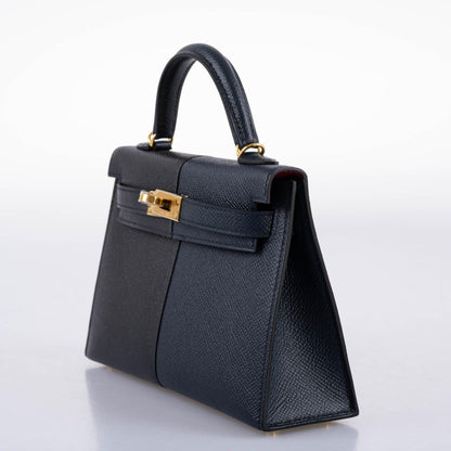 Hermes Kelly 20 Mini II Sellier "Casaque" style Black, Indigo & Rouge H Epsom with Gold Hardware - 2021, Z