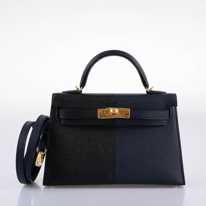 Hermes Kelly 20 Mini II Sellier "Casaque" style Black, Indigo & Rouge H Epsom with Gold Hardware - 2021, Z