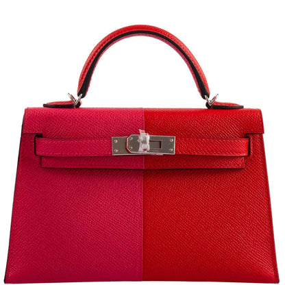 Hermes Kelly 20 Mini II Sellier Tri-color Rose Extreme, Rouge de Coeur, Bleu Zanzibar Epsom Palladium - 2021, Z