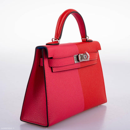 Hermes Kelly 20 Mini II Sellier Tri-color Rose Extreme, Rouge de Coeur, Bleu Zanzibar Epsom Palladium - 2021, Z