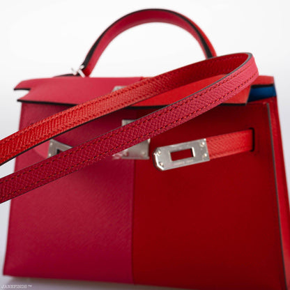 Hermes Kelly 20 Mini II Sellier Tri-color Rose Extreme, Rouge de Coeur, Bleu Zanzibar Epsom Palladium - 2021, Z