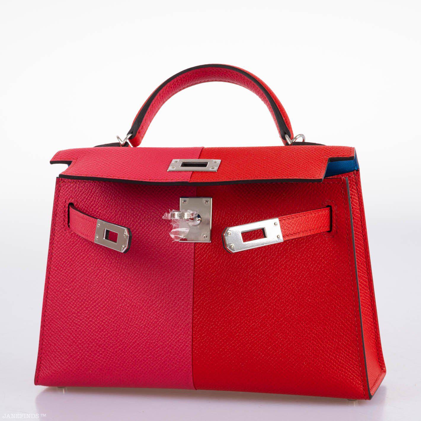 Hermes Kelly 20 Mini II Sellier Tri-color Rose Extreme, Rouge de Coeur, Bleu Zanzibar Epsom Palladium - 2021, Z