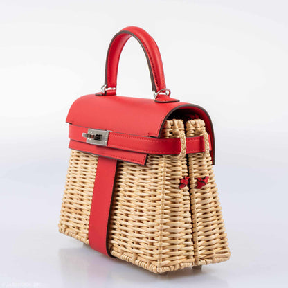 Hermes Kelly 20 Mini Picnic Rouge De Coeur, Swift & Osier Wicker Palladium Hardware - 2019, D