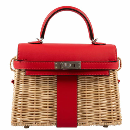 Hermes Kelly 20 Mini Picnic Rouge De Coeur, Swift & Osier Wicker Palladium Hardware - 2019, D