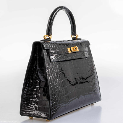 Hermes Kelly 25 HSS Sellier Black Shiny Alligator Brushed Gold Hardware - 2019, D