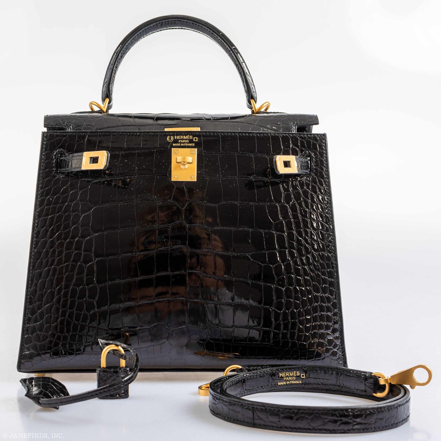 Hermes Kelly 25 HSS Sellier Black Shiny Alligator Brushed Gold Hardware - 2019, D