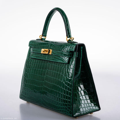 Hermes Kelly 25 HSS Sellier Emerald Nilo Crocodile & Cassis Brushed Gold Hardware - 2018, C