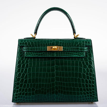 Hermes Kelly 25 HSS Sellier Emerald Nilo Crocodile & Cassis Brushed Gold Hardware - 2018, C