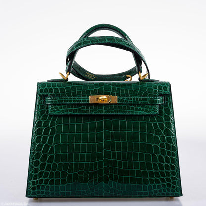 Hermes Kelly 25 HSS Sellier Emerald Nilo Crocodile & Cassis Brushed Gold Hardware - 2018, C