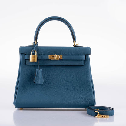 Hermes Kelly 25 Retourne Blue Colvert Togo Gold Hardware - 2016, X