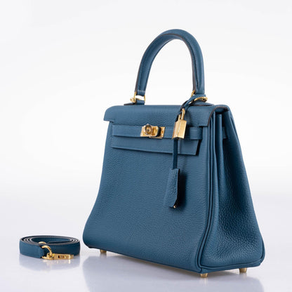 Hermes Kelly 25 Retourne Blue Colvert Togo Gold Hardware - 2016, X