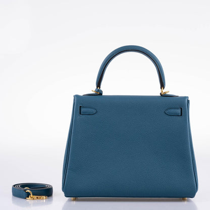 Hermes Kelly 25 Retourne Blue Colvert Togo Gold Hardware - 2016, X