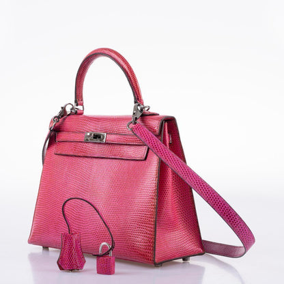 Hermes Kelly 25 Sellier Fuschia Pink Lizard Palladium Hardware - 1997, A Square