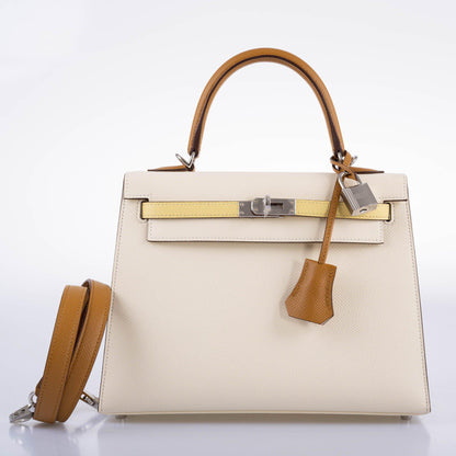 Hermes Kelly 25 Sellier Limited Edition Tri-Color Nata, Jaune Poussin and Sesame Epsom Palladium Hardware - 2020, Y