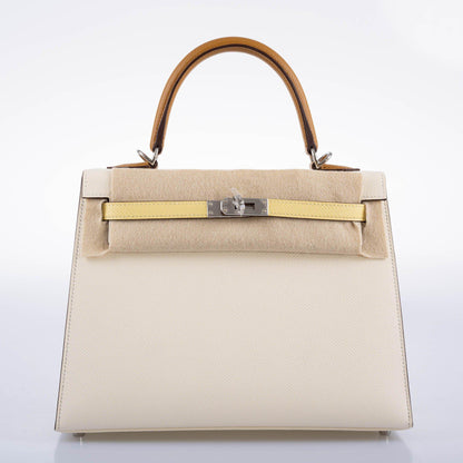 Hermes Kelly 25 Sellier Limited Edition Tri-Color Nata, Jaune Poussin and Sesame Epsom Palladium Hardware - 2020, Y