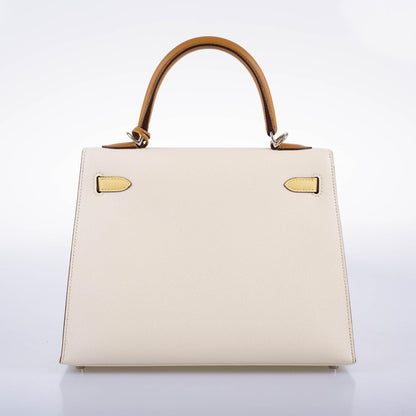 Hermes Kelly 25 Sellier Limited Edition Tri-Color Nata, Jaune Poussin and Sesame Epsom Palladium Hardware - 2020, Y