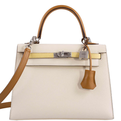 Hermes Kelly 25 Sellier Limited Edition Tri-Color Nata, Jaune Poussin and Sesame Epsom Palladium Hardware - 2020, Y