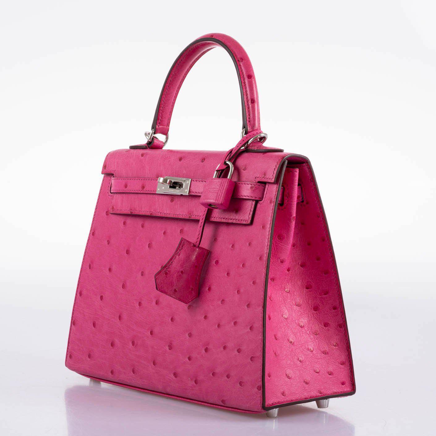 Hermes Kelly 25 Sellier Rose Tyrien Ostrich with Palladium Hardware - 2019, D