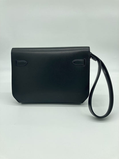 Hermes Kelly Depeches 25 Noir Veau Evergrain Clutch Palladium Hardware