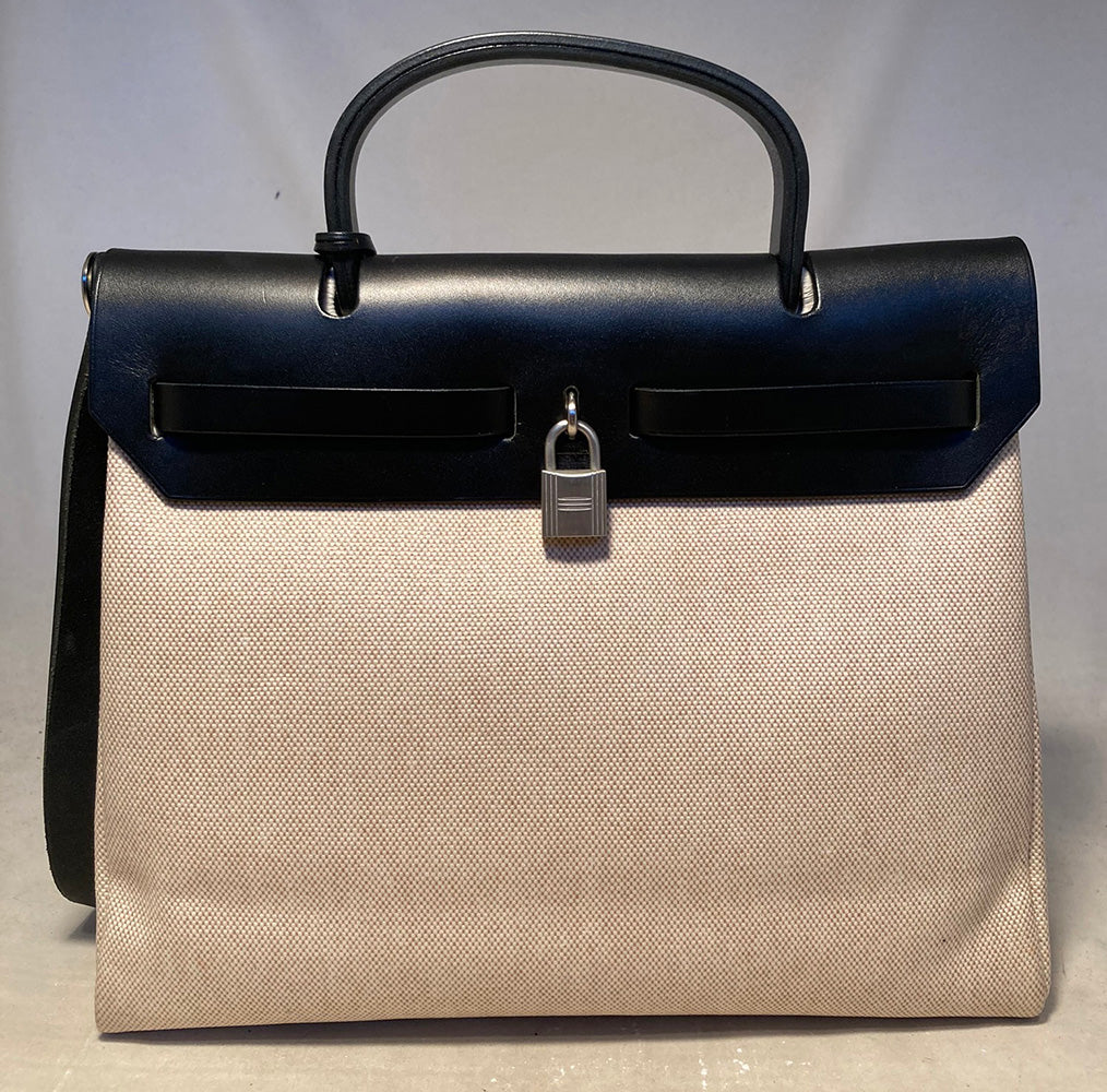 Hermes Black and Beige Canvas Herbag Tote