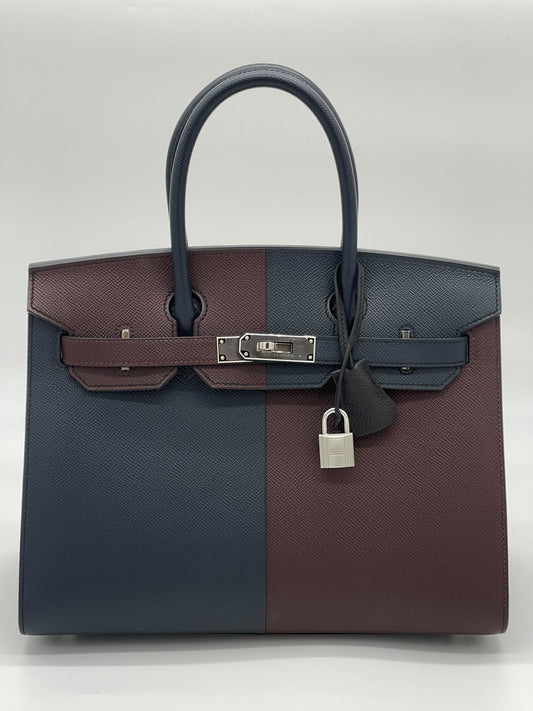 Hermes Birkin 30 Casaque Rouge Sellier / Bleu Indigo / Rose Texas Epsom