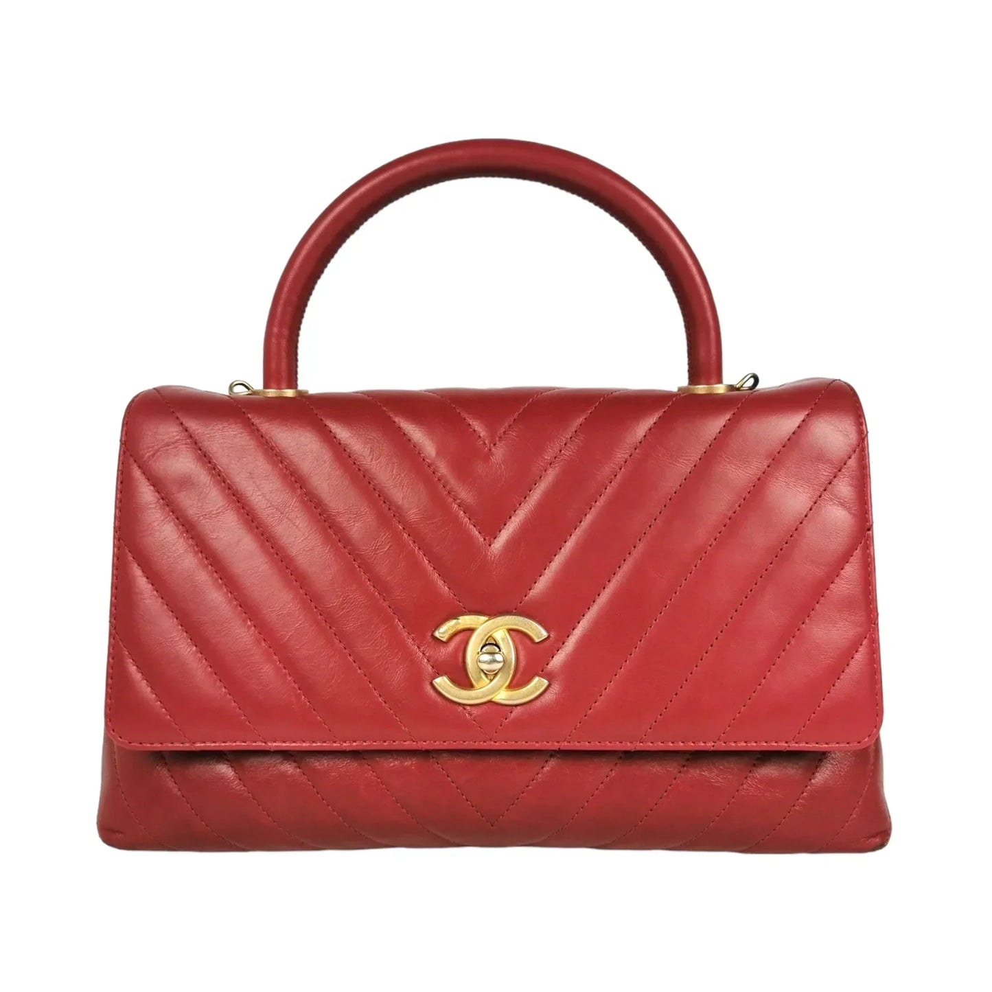 Chanel Coco Handle Flap Bag Chevron Medium Red Lambskin Gold