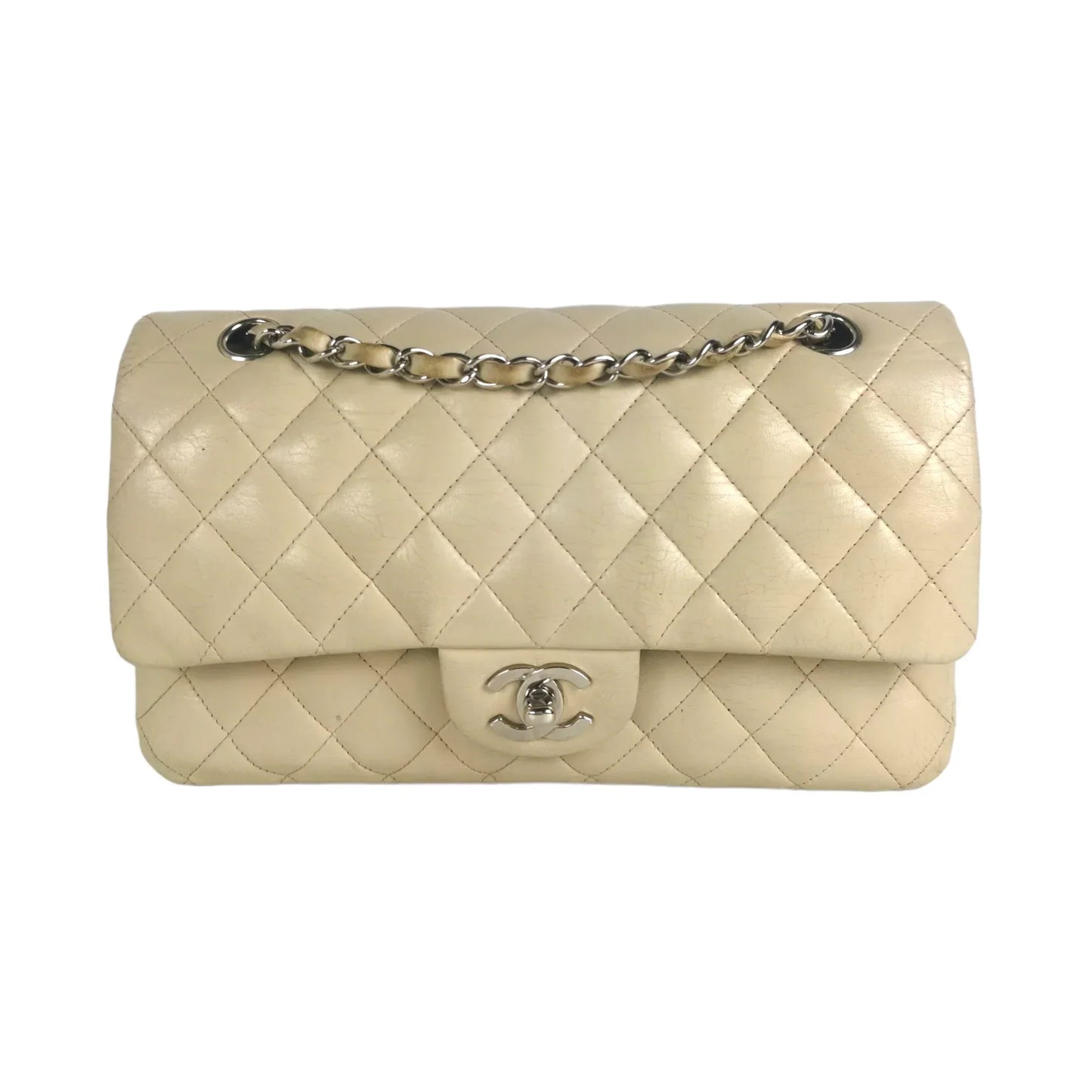 Chanel Classic Double Flap Medium Ivory Lambskin Silver