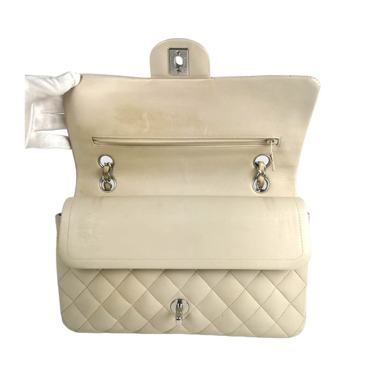 Chanel Classic Double Flap Medium Ivory Lambskin Silver